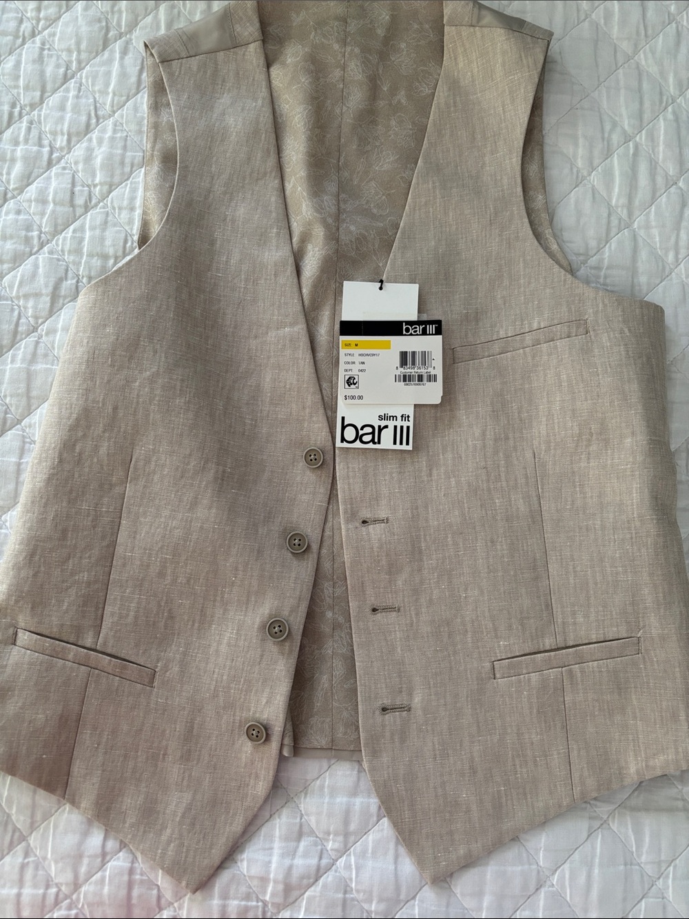 Bar III Men's Adjustable Slim Fit Linen Blend Vest in Light Beige